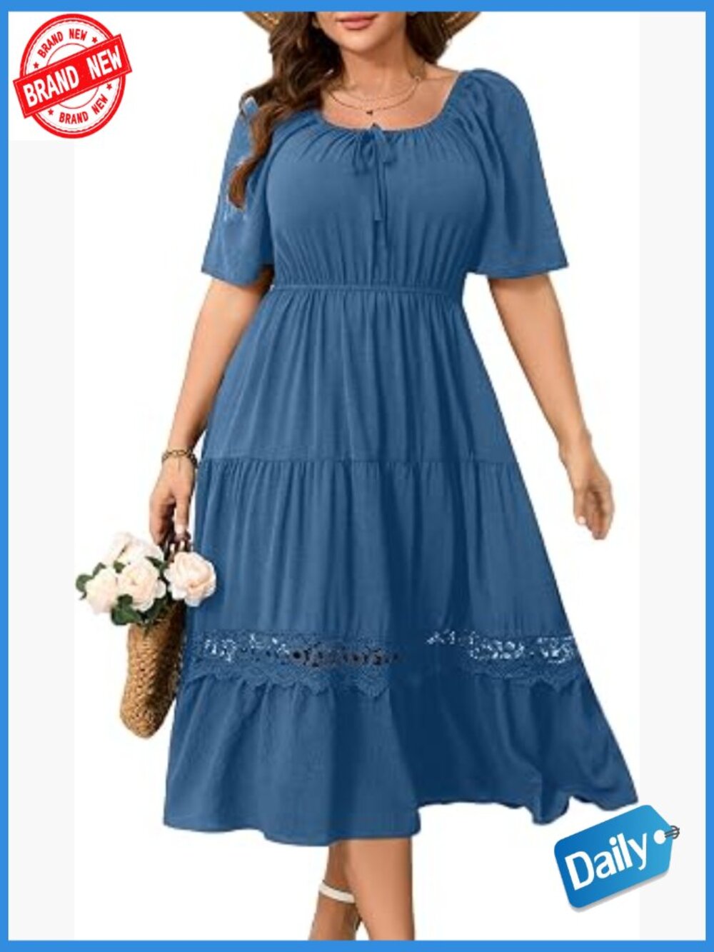 Plus Size Maxi Dress Square Neck Short Sleeve Flowy A-Line Lace Trim Party